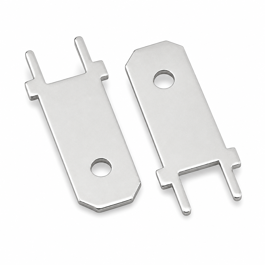 DJ6113-6.3 6.3双脚直插插片端子 (带定位翼款/PCB板直焊双引脚公端/0.8mm厚黄铜镀锡/散装)